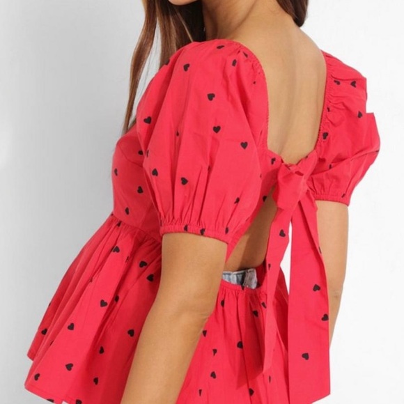 NWT BooHoo Heart Print Puff Sleeve Smock Top | Red Top w/ Black Hearts | Size 12 - Picture 3 of 3